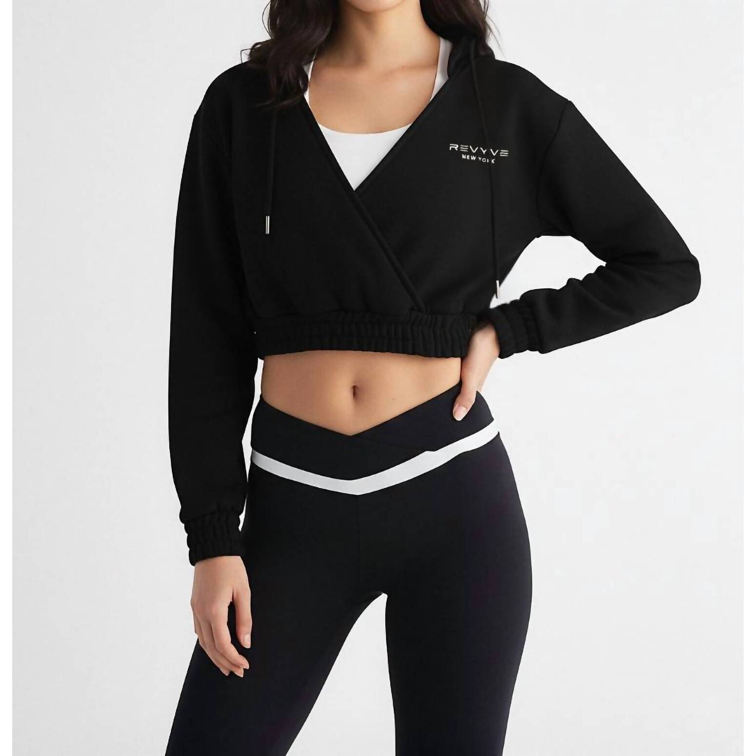 New Revyve Active Cropped V-Neck Hoodie In Black